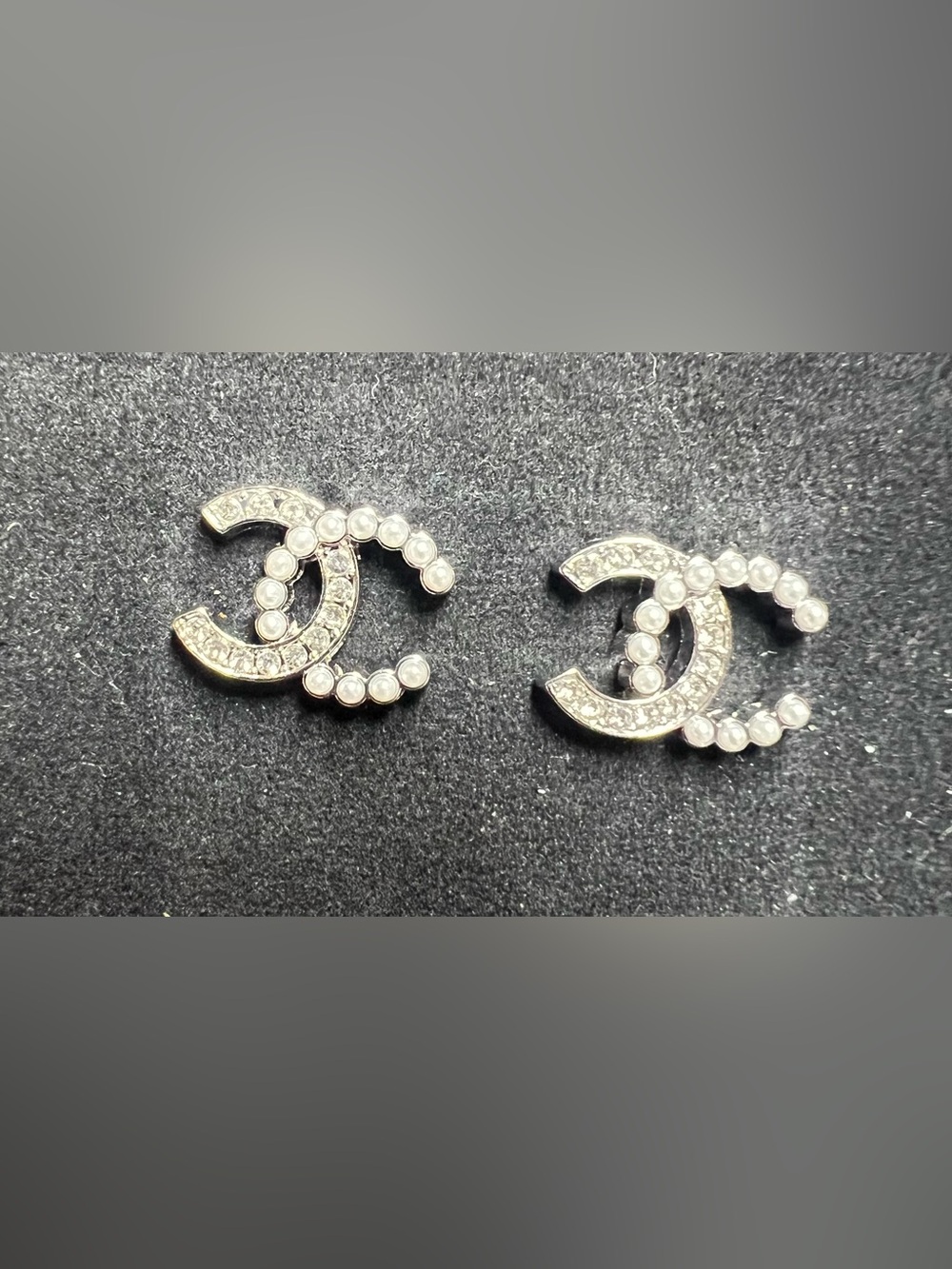 ChaneI Faux Pearl and Crystal Logo Stud Earrings For Pierced Ears NEW